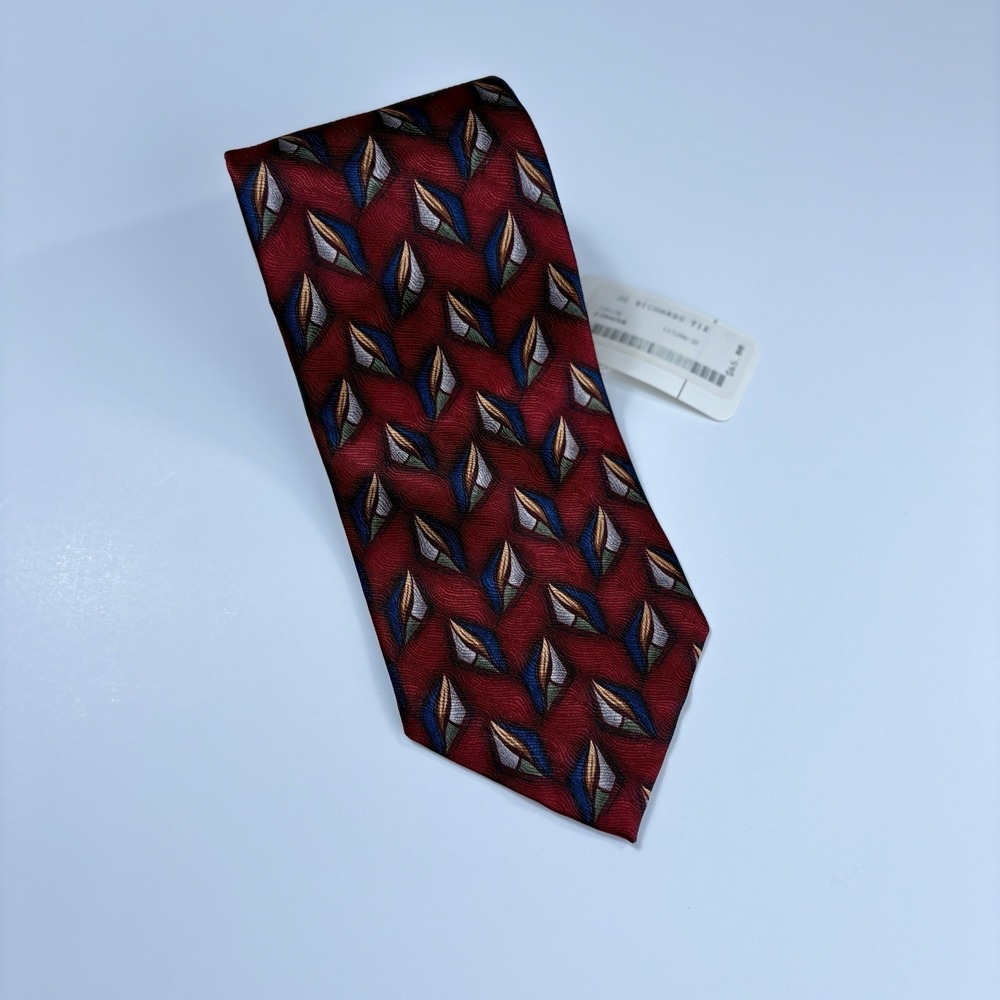 NWT Vintage J.Z. Richards Men's 100% Silk Tie Burgundy Geometric Made in USA - Picture 2 of 7
